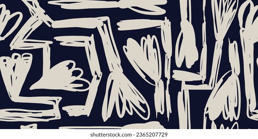 Abstract collage art seamless pattern with black and white floral doodles. Organic flat cartoon background, simple random shapes in monochrome color.