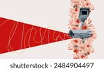 Abstract collage art of security surveillance. CCTV camera surrounded by flowers and eyes with bold red shape. Vintage illustration 