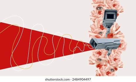 Abstract collage art of security surveillance. CCTV camera surrounded by flowers and eyes with bold red shape. Vintage illustration 