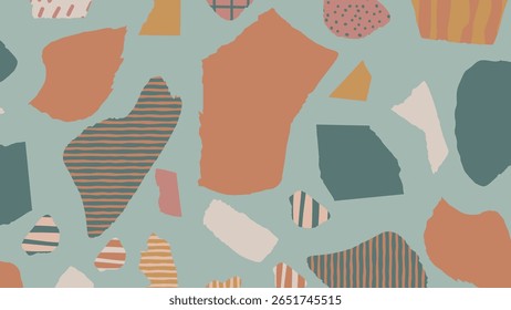 Captura de colagem abstrata com uma base pastel macia e formas rasgadas em camadas, grades e texturas de listras. Um fundo artístico moderno com um toque retrô.