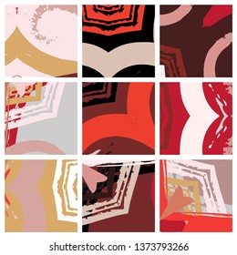 Abstract collage asymmetric pattern. Brush strokes grunge texture. Vector colorful ornament, patchwork quilt style. Digital freehand art backgrounds set for flyer, poster, cover, textile fabric print