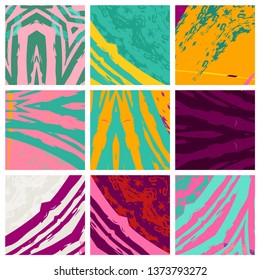 Abstract collage asymmetric pattern. Brush strokes grunge texture. Vector colorful ornament, patchwork quilt style. Digital freehand art backgrounds set for flyer, poster, cover, textile fabric print