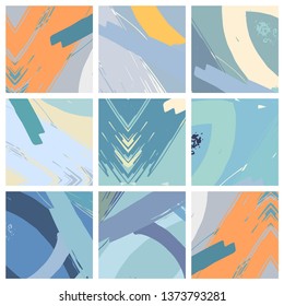 Abstract collage asymmetric pattern. Brush strokes grunge texture. Vector colorful ornament, patchwork quilt style. Digital freehand art backgrounds set for flyer, poster, cover, textile fabric print