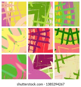 Abstract collage asymmetric pattern. Brush strokes grunge texture. Vector colorful ornament, patchwork quilt style. Digital freehand art backgrounds set for flyer, poster, cover, textile fabric print