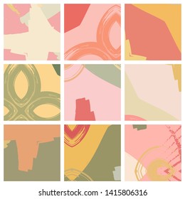 Abstract collage asymmetric pattern. Brush strokes grunge texture. Vector colorful ornament, patchwork quilt style. Digital freehand art backgrounds set for flyer, poster, cover, textile fabric print