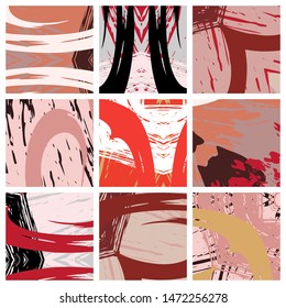 Abstract collage asymmetric pattern. Brush strokes grunge texture. Vector colorful ornament, patchwork quilt style. Digital freehand art backgrounds set for flyer, poster, cover, textile fabric print