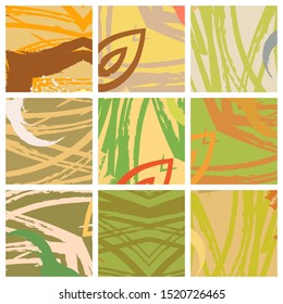 Abstract collage asymmetric pattern. Brush strokes grunge texture. Vector colorful ornament, patchwork quilt style. Digital freehand art backgrounds set for flyer, poster, cover, textile fabric print
