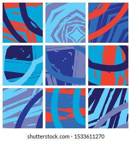 Abstract collage asymmetric pattern. Brush strokes grunge texture. Vector colorful ornament, patchwork quilt style. Digital freehand art backgrounds set for flyer, poster, cover, textile fabric print