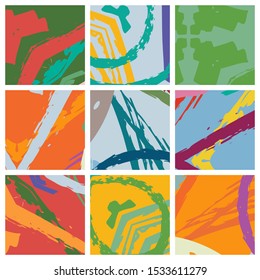 Abstract collage asymmetric pattern. Brush strokes grunge texture. Vector colorful ornament, patchwork quilt style. Digital freehand art backgrounds set for flyer, poster, cover, textile fabric print