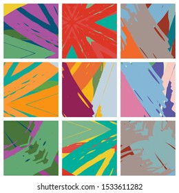 Abstract collage asymmetric pattern. Brush strokes grunge texture. Vector colorful ornament, patchwork quilt style. Digital freehand art backgrounds set for flyer, poster, cover, textile fabric print