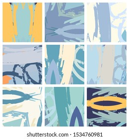 Abstract collage asymmetric pattern. Brush strokes grunge texture. Vector colorful ornament, patchwork quilt style. Digital freehand art backgrounds set for flyer, poster, cover, textile fabric print