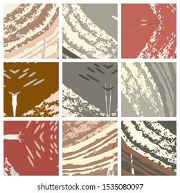 Abstract collage asymmetric pattern. Brush strokes grunge texture. Vector colorful ornament, patchwork quilt style. Digital freehand art backgrounds set for flyer, poster, cover, textile fabric print