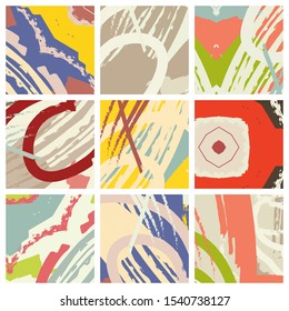 Abstract collage asymmetric pattern. Brush strokes grunge texture. Vector colorful ornament, patchwork quilt style. Digital freehand art backgrounds set for flyer, poster, cover, textile fabric print