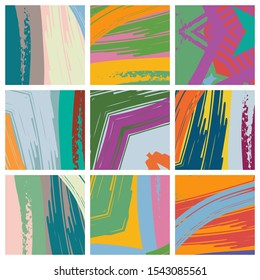 Abstract collage asymmetric pattern. Brush strokes grunge texture. Vector colorful ornament, patchwork quilt style. Digital freehand art backgrounds set for flyer, poster, cover, textile fabric print