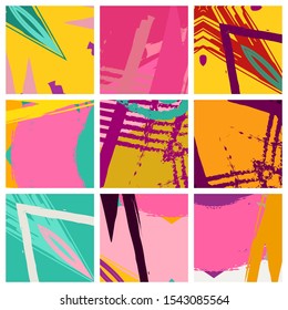 Abstract collage asymmetric pattern. Brush strokes grunge texture. Vector colorful ornament, patchwork quilt style. Digital freehand art backgrounds set for flyer, poster, cover, textile fabric print