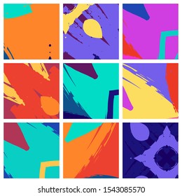 Abstract collage asymmetric pattern. Brush strokes grunge texture. Vector colorful ornament, patchwork quilt style. Digital freehand art backgrounds set for flyer, poster, cover, textile fabric print