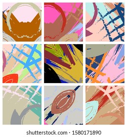 Abstract collage asymmetric pattern. Brush strokes grunge texture. Vector colorful ornament, patchwork quilt style. Digital freehand art backgrounds set for flyer, poster, cover, textile fabric print