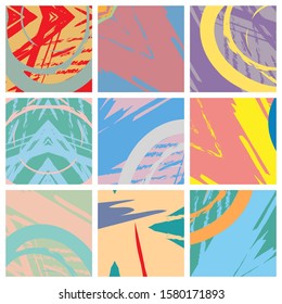 Abstract collage asymmetric pattern. Brush strokes grunge texture. Vector colorful ornament, patchwork quilt style. Digital freehand art backgrounds set for flyer, poster, cover, textile fabric print