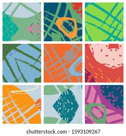Abstract collage asymmetric pattern. Brush strokes grunge texture. Vector colorful ornament, patchwork quilt style. Digital freehand art backgrounds set for flyer, poster, cover, textile fabric print