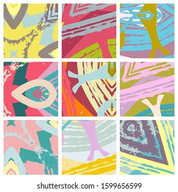 Abstract collage asymmetric pattern. Brush strokes grunge texture. Vector colorful ornament, patchwork quilt style. Digital freehand art backgrounds set for flyer, poster, cover, textile fabric print