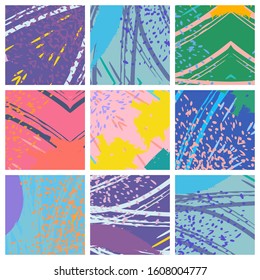 Abstract collage asymmetric pattern. Brush strokes grunge texture. Vector colorful ornament, patchwork quilt style. Digital freehand art backgrounds set for flyer, poster, cover, textile fabric print