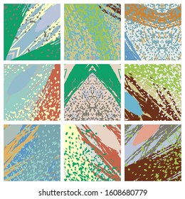 Abstract collage asymmetric pattern. Brush strokes grunge texture. Vector colorful ornament, patchwork quilt style. Digital freehand art backgrounds set for flyer, poster, cover, textile fabric print