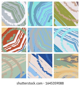 Abstract collage asymmetric pattern. Brush strokes grunge texture. Vector colorful ornament, patchwork quilt style. Digital freehand art backgrounds set for flyer, poster, cover, textile fabric print