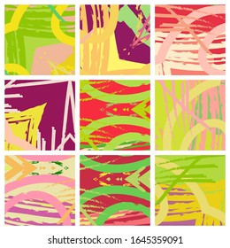 Abstract collage asymmetric pattern. Brush strokes grunge texture. Vector colorful ornament, patchwork quilt style. Digital freehand art backgrounds set for flyer, poster, cover, textile fabric print