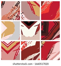 Abstract collage asymmetric pattern. Brush strokes grunge texture. Vector colorful ornament, patchwork quilt style. Digital freehand art backgrounds set for flyer, poster, cover, textile fabric print