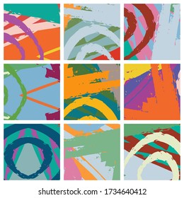 Abstract collage asymmetric pattern. Brush strokes grunge texture. Vector colorful ornament, patchwork quilt style. Digital freehand art backgrounds set for flyer, poster, cover, textile fabric print