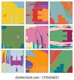 Abstract collage asymmetric pattern. Brush strokes grunge texture. Vector colorful ornament, patchwork quilt style. Digital freehand art backgrounds set for flyer, poster, cover, textile fabric print