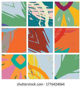 Abstract collage asymmetric pattern. Brush strokes grunge texture. Vector colorful ornament, patchwork quilt style. Digital freehand art backgrounds set for flyer, poster, cover, textile fabric print