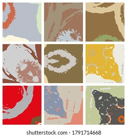 Abstract collage asymmetric pattern. Brush strokes grunge texture. Vector colorful ornament, patchwork quilt style. Digital freehand art backgrounds set for flyer, poster, cover, textile fabric print