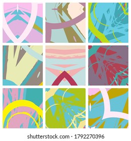 Abstract collage asymmetric pattern. Brush strokes grunge texture. Vector colorful ornament, patchwork quilt style. Digital freehand art backgrounds set for flyer, poster, cover, textile fabric print