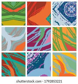 Abstract collage asymmetric pattern. Brush strokes grunge texture. Vector colorful ornament, patchwork quilt style. Digital freehand art backgrounds set for flyer, poster, cover, textile fabric print
