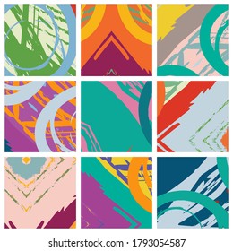 Abstract collage asymmetric pattern. Brush strokes grunge texture. Vector colorful ornament, patchwork quilt style. Digital freehand art backgrounds set for flyer, poster, cover, textile fabric print