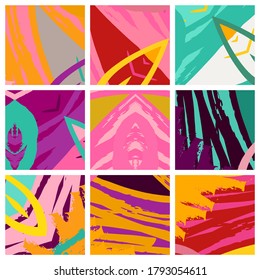 Abstract collage asymmetric pattern. Brush strokes grunge texture. Vector colorful ornament, patchwork quilt style. Digital freehand art backgrounds set for flyer, poster, cover, textile fabric print