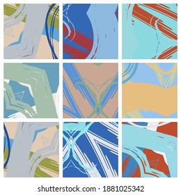 Abstract collage asymmetric pattern. Brush strokes grunge texture. Vector colorful ornament, patchwork quilt style. Digital freehand art backgrounds set for flyer, poster, cover, textile fabric print