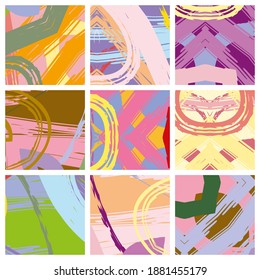 Abstract collage asymmetric pattern. Brush strokes grunge texture. Vector colorful ornament, patchwork quilt style. Digital freehand art backgrounds set for flyer, poster, cover, textile fabric print