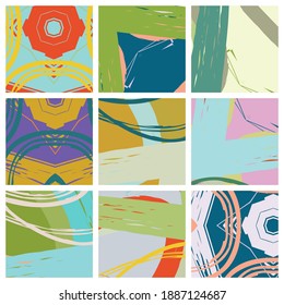 Abstract collage asymmetric pattern. Brush strokes grunge texture. Vector colorful ornament, patchwork quilt style. Digital freehand art backgrounds set for flyer, poster, cover, textile fabric print