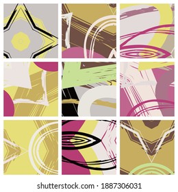 Abstract collage asymmetric pattern. Brush strokes grunge texture. Vector colorful ornament, patchwork quilt style. Digital freehand art backgrounds set for flyer, poster, cover, textile fabric print