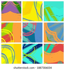 Abstract collage asymmetric pattern. Brush strokes grunge texture. Vector colorful ornament, patchwork quilt style. Digital freehand art backgrounds set for flyer, poster, cover, textile fabric print