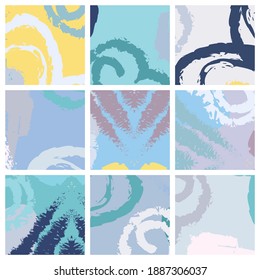 Abstract collage asymmetric pattern. Brush strokes grunge texture. Vector colorful ornament, patchwork quilt style. Digital freehand art backgrounds set for flyer, poster, cover, textile fabric print