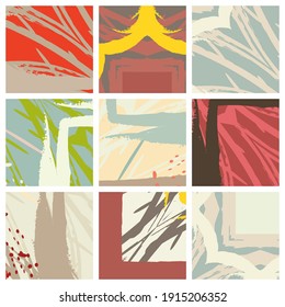 Abstrakte Collage asymmetrisches Muster. Pinselstriche ziehen Grunge Textur. Vektorfarbige Ornamente, Fliesenquilt-Stil. Digitale frehehe Kunsthintergründe Set für Flyer, Poster, Deckel, Stoffdruck