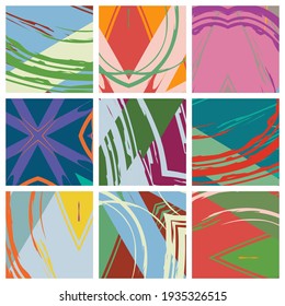 Abstract collage asymmetric pattern. Brush strokes grunge texture. Vector colorful ornament, patchwork quilt style. Digital freehand art backgrounds set for flyer, poster, cover, textile fabric print