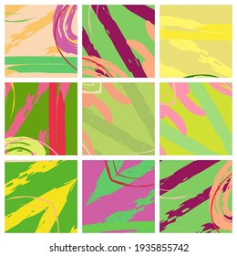 Abstract collage asymmetric pattern. Brush strokes grunge texture. Vector colorful ornament, patchwork quilt style. Digital freehand art backgrounds set for flyer, poster, cover, textile fabric print