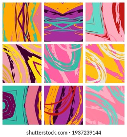 Abstract collage asymmetric pattern. Brush strokes grunge texture. Vector colorful ornament, patchwork quilt style. Digital freehand art backgrounds set for flyer, poster, cover, textile fabric print