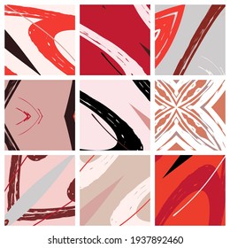 Abstract collage asymmetric pattern. Brush strokes grunge texture. Vector colorful ornament, patchwork quilt style. Digital freehand art backgrounds set for flyer, poster, cover, textile fabric print