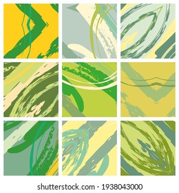 Abstract collage asymmetric pattern. Brush strokes grunge texture. Vector colorful ornament, patchwork quilt style. Digital freehand art backgrounds set for flyer, poster, cover, textile fabric print