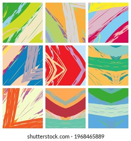 Abstract collage asymmetric pattern. Brush strokes grunge texture. Vector colorful ornament, patchwork quilt style. Digital freehand art backgrounds set for flyer, poster, cover, textile fabric print